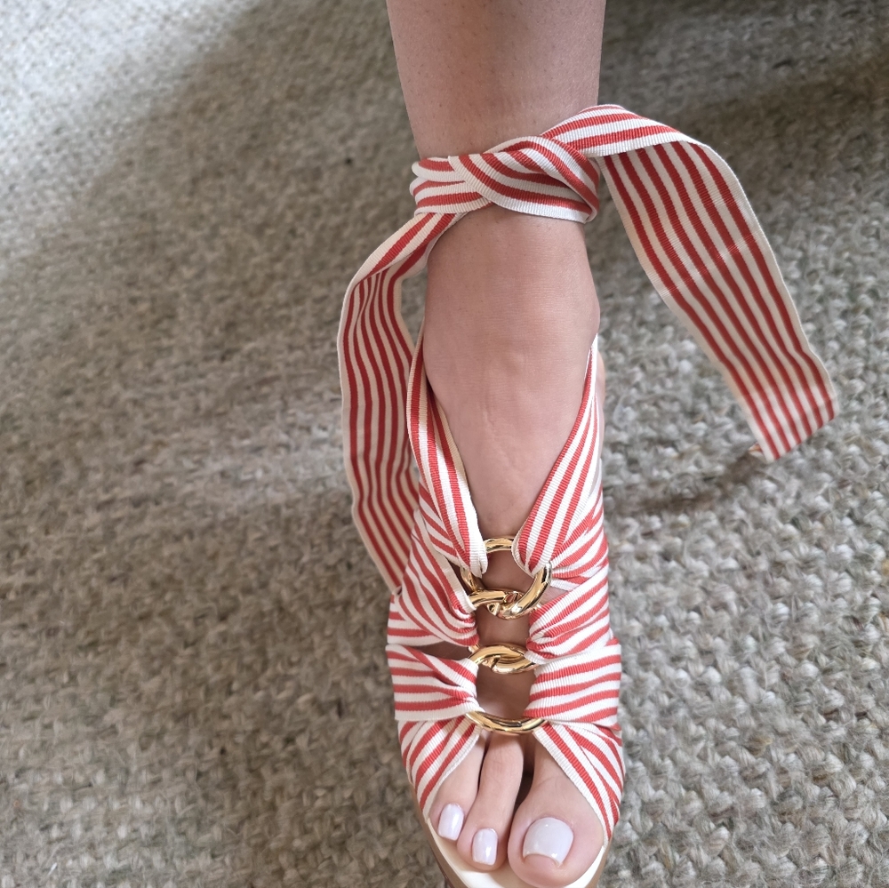 COACH size 7 1/2 Kimi orange/white ribbon strappy sandals worn once Vintage! - Picture 8 of 9